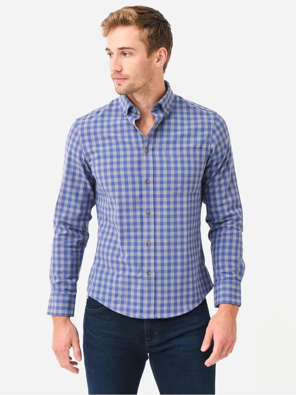 Mizzen+Main | Blue Grey Gingham Long Sleeve Shirt | Size Medium